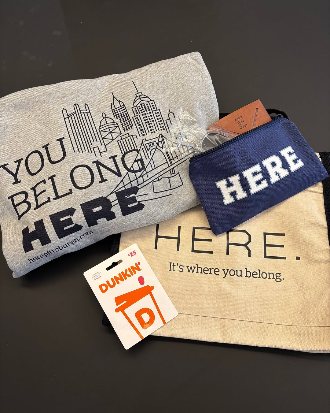 GIVEAWAY TIME \ud83c\udf89\u2615\ufe0f\n\nWe're giving away a HERE Pitt swag bag + a $25 Dunkin' gift card \ud83e\udef6\n\nHow to enter:\n\u2022 Follow us on Instagram & Facebook\n\u2022 Tag a friend below\n\nWinner drops today at 5 PM \ud83d\udc40\ud83d\udc99\n