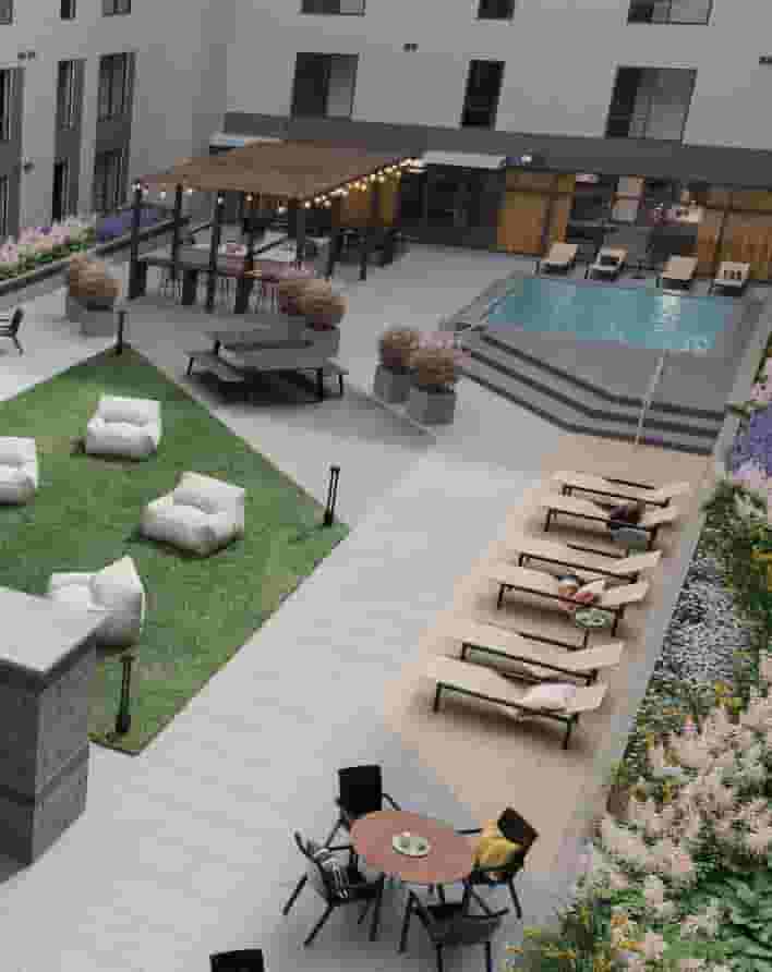 Outdoor lounge and spa overlooking Pittsburgh